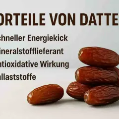 Vorteile von Datteln: schneller Energiekick, Mineralstofflieferant, antioxidative Wirkung, Ballaststoffe. Datteln sind gesund und lecker!