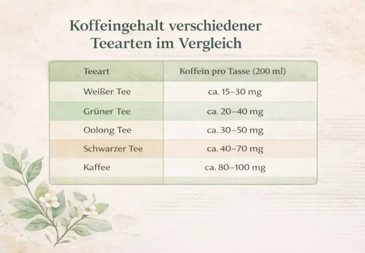 Vergleich des Koffeingehalts: Schwarzer Tee enthält ca. 40-70 mg pro Tasse, mehr als grüner oder weißer Tee, aber weniger als Kaffee.