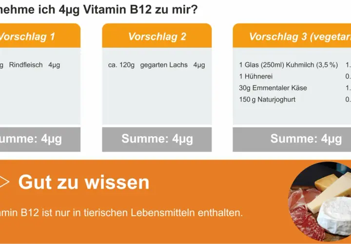 Wo ist Vitamin B12 drin? Vorschläge zeigen 4µg mit Rindfleisch, Lachs oder vegetarisch aus Milchprodukten und Ei.