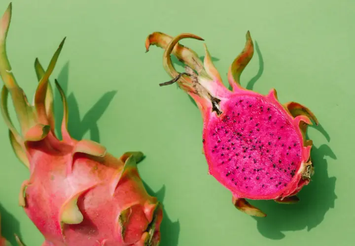 Zwei leuchtend pinke Drachenfrüchte, eine angeschnitten, zeigen ihr gesundes, kernreiches Inneres auf grünem Hintergrund.