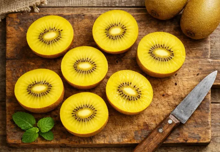 Goldene Kiwis, aufgeschnitten auf einem Holzbrett, zeigen ihr leuchtendes Fruchtfleisch und die schwarzen Kerne. Ein Messer und Minzblätter liegen daneben. Kiwi gesund und lecker!