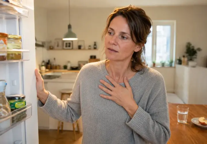 Frau öffnet Kühlschrank, Hand auf der Brust, offensichtlich mit **heißhunger**. Auf dem Tisch ein Glas Wasser und ein Apfelstück.