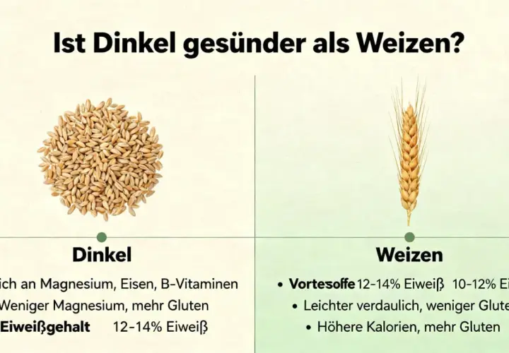 Dinkel vs. Weizen: Dinkel hat mehr Gluten, ist aber reich an Magnesium und Eisen. Weizen ist leichter verdaulich.