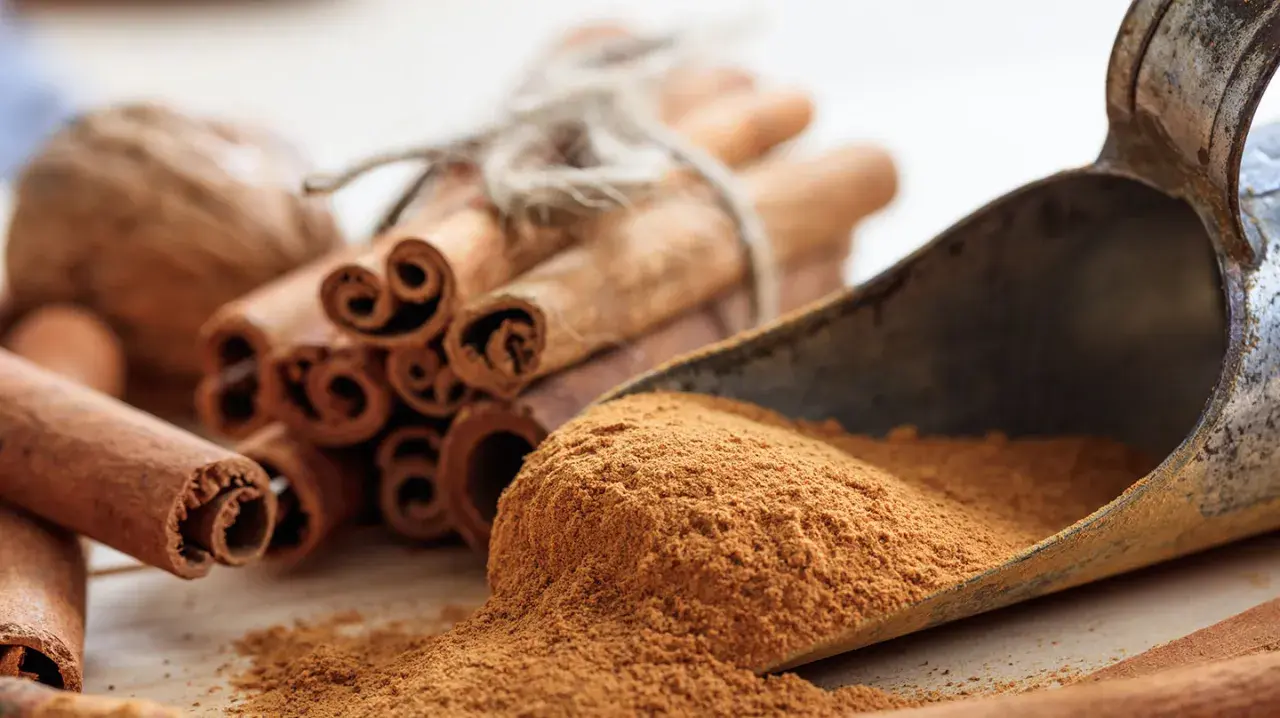Zimtstangen und gemahlener Zimt in einer Schaufel. Zimt gesund und aromatisch, perfekt für die Küche.
